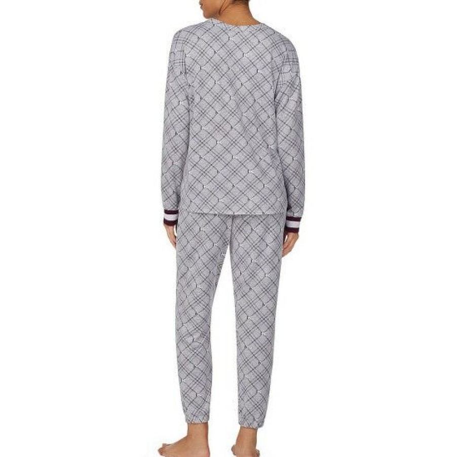 Lingerie * | Best Reviews Of Dkny Argyle Dk Logo Print Round Neck Long Sleeve Pajama Set Grey Print