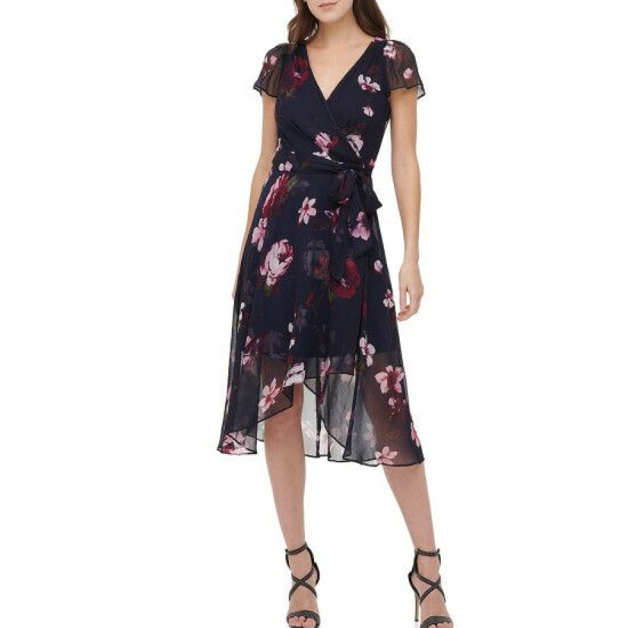 Women'S Clothing * | Wholesale Dkny Petite Size Surplice V-Neck Floral Print Short Flutter Sleeve Tie Waist Faux Wrap Midi Dress Midnight Navy