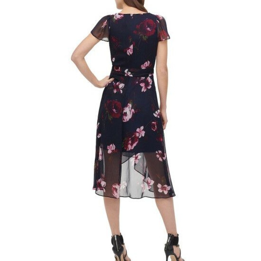 Women'S Clothing * | Wholesale Dkny Petite Size Surplice V-Neck Floral Print Short Flutter Sleeve Tie Waist Faux Wrap Midi Dress Midnight Navy