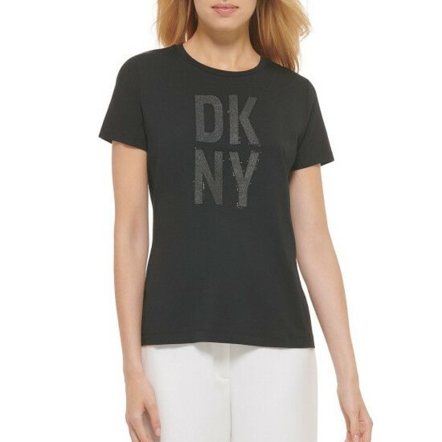 Women'S Clothing * | Coupon Dkny Rhinestone Bordered Logo Crew Neck Tee