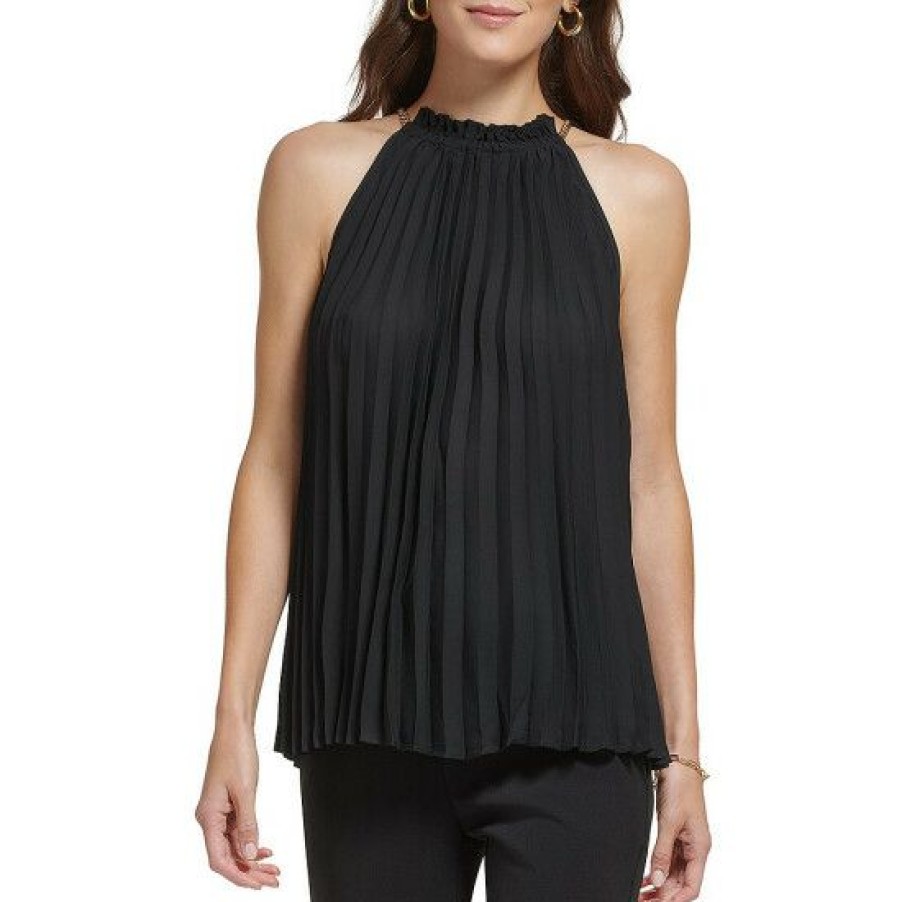 Women'S Clothing * | Coupon Dkny Halter Neck Chain Detail Solid Pleated Top