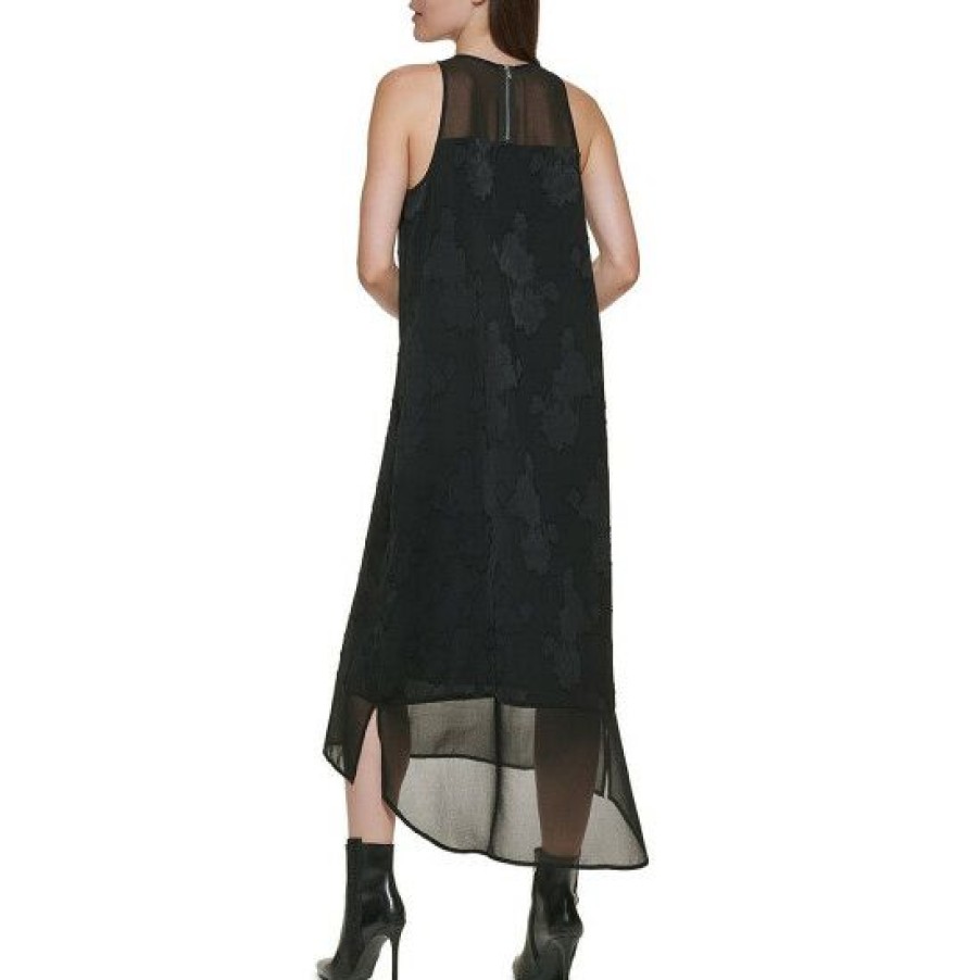 Women'S Clothing * | Best Sale Dkny Floral Print Jewel Neck Sleeveless Mixed Media High-Low Hem Waistless Maxi Dress Black