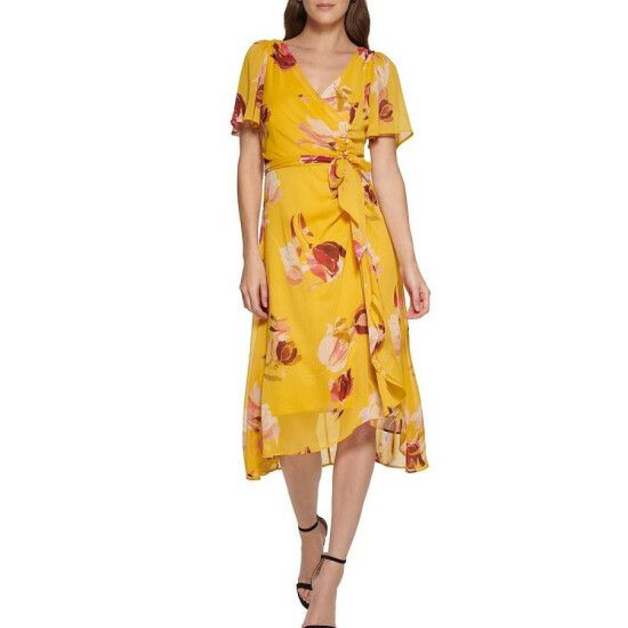 Women'S Clothing * | Buy Dkny Floral Print Chiffon Surplice V-Neck Short Flutter Sleeve Faux Wrap Tie Waist Midi Dress Golden Multi