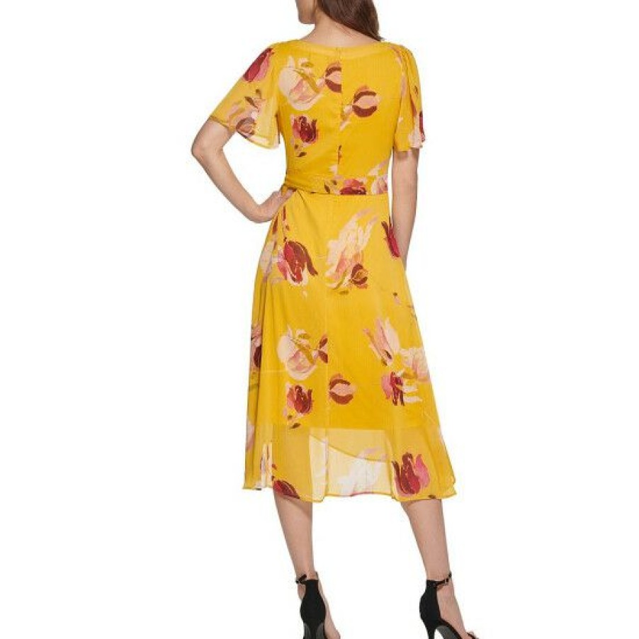 Women'S Clothing * | Buy Dkny Floral Print Chiffon Surplice V-Neck Short Flutter Sleeve Faux Wrap Tie Waist Midi Dress Golden Multi