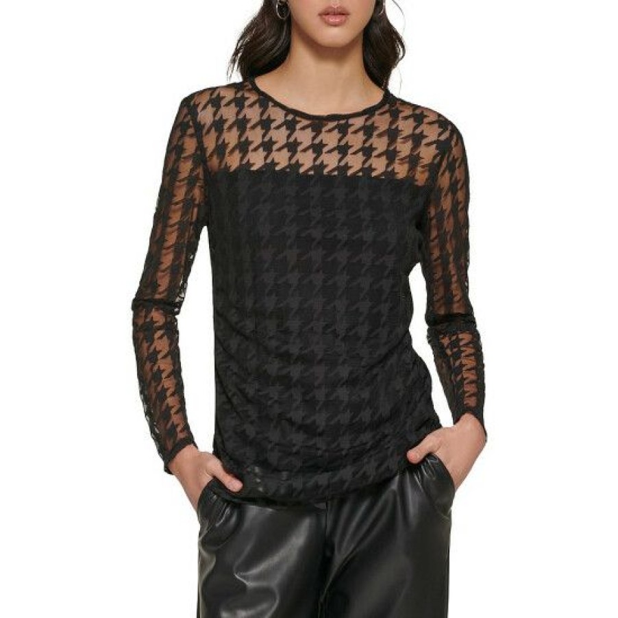 Women'S Clothing * | Best Reviews Of Dkny Crew Neck Long Sheer Sleeve Houndstooth Pattern Mesh Top Black