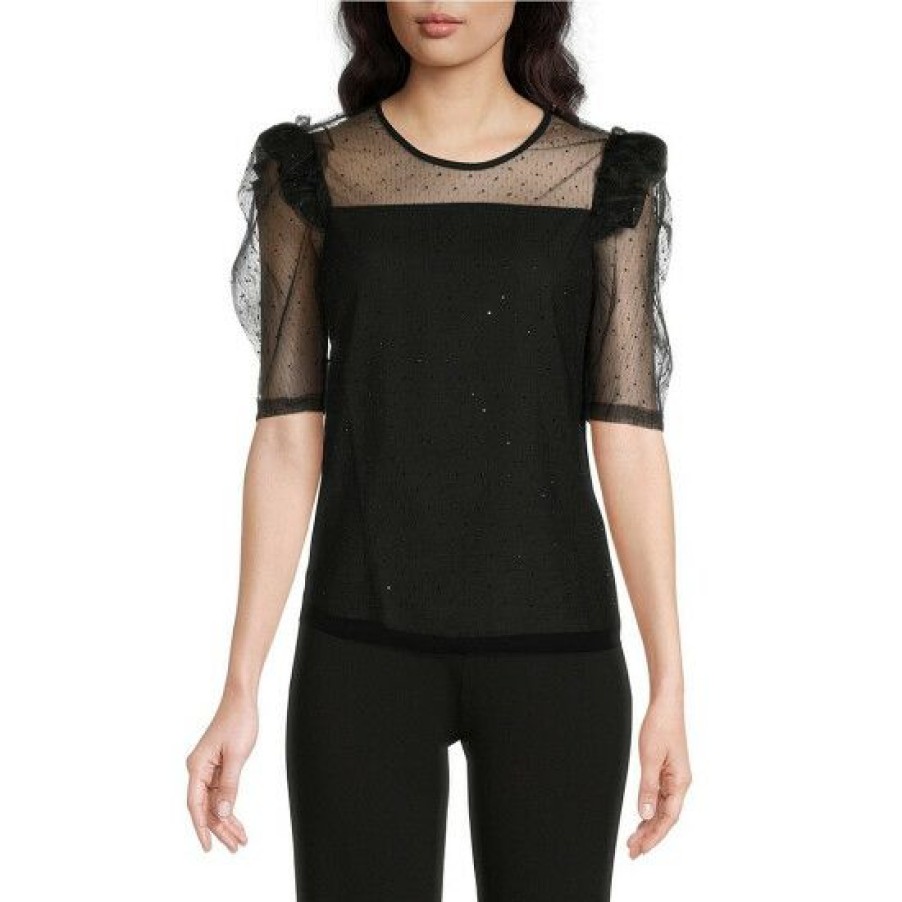 Women'S Clothing * | Buy Dkny Crew Neck 3/4 Sheer Ruffle Sleeve Studded Mesh Top Black