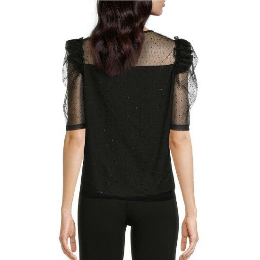 Women'S Clothing * | Buy Dkny Crew Neck 3/4 Sheer Ruffle Sleeve Studded Mesh Top Black