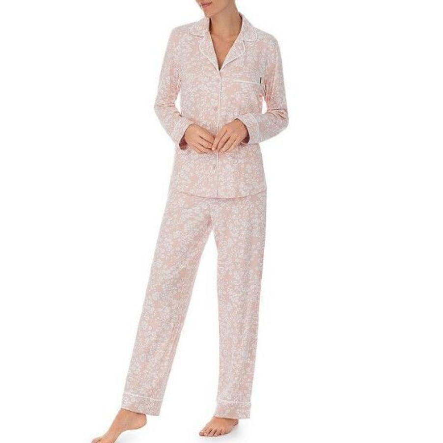 Lingerie * | Coupon Dkny Long Sleeve Notch Collar Brushed Jersey Knit Animal Print Pajama Set Blush Print