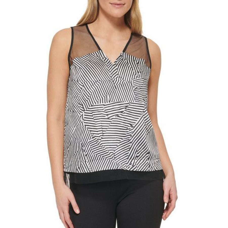 Women'S Clothing * | Best Pirce Dkny V-Neck Sleeveless Mesh Shoulder Mixed Media Tank Top Ivory/Black Multi