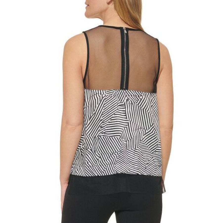 Women'S Clothing * | Best Pirce Dkny V-Neck Sleeveless Mesh Shoulder Mixed Media Tank Top Ivory/Black Multi