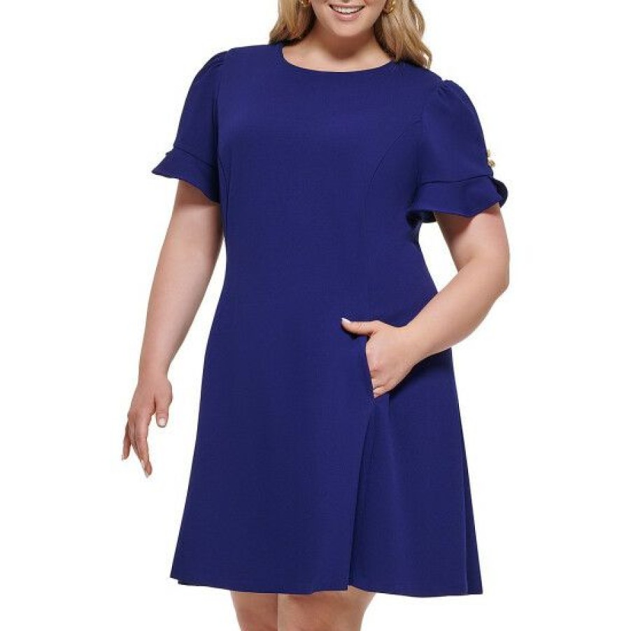 Women'S Clothing * | Promo Dkny Plus Size Scuba Crepe Jewel Neck Flounce Short Sleeve Sheath Dress French Blue