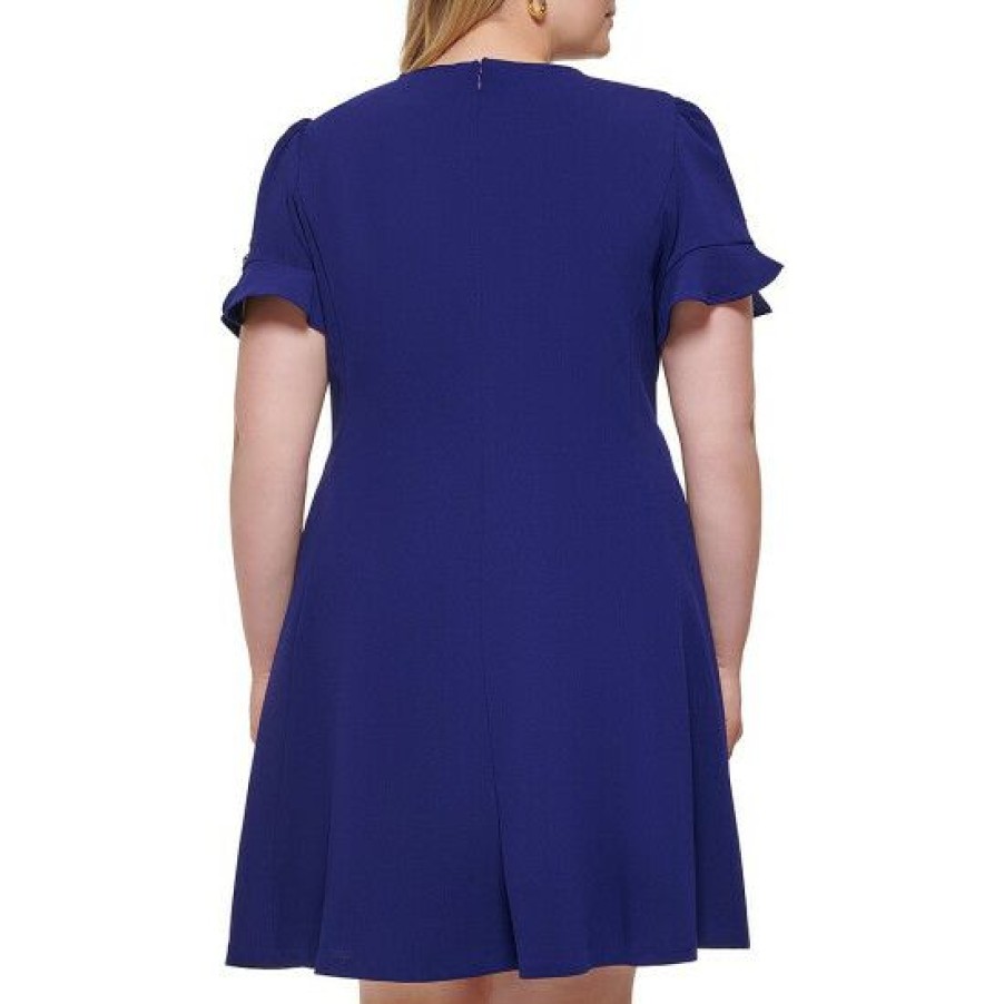 Women'S Clothing * | Promo Dkny Plus Size Scuba Crepe Jewel Neck Flounce Short Sleeve Sheath Dress French Blue