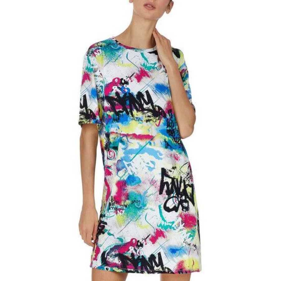 Lingerie * | Wholesale Dkny Graffiti Print Knit Round Neck Short Sleeve Knit Nightgown Multi Print