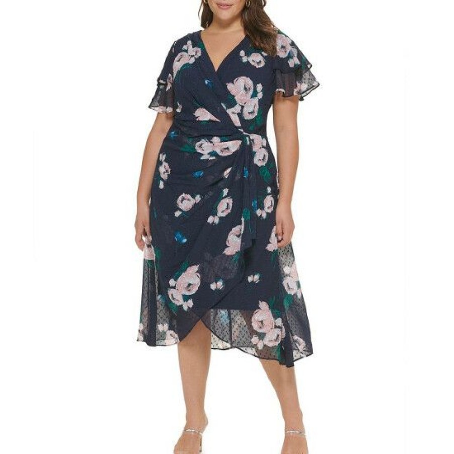 Women'S Clothing * | Best Pirce Dkny Plus Size Floral Print Short Flutter Sleeve Surplice V-Neck Chiffon Faux Wrap Midi Dress Pink Morganite Multi