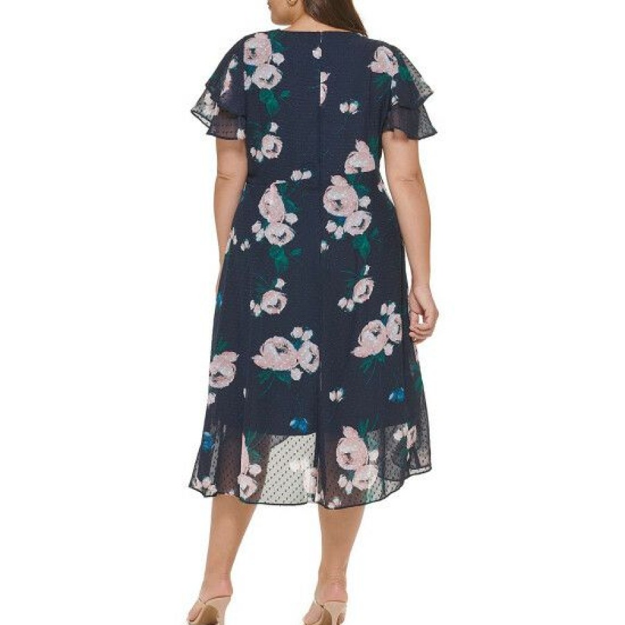 Women'S Clothing * | Best Pirce Dkny Plus Size Floral Print Short Flutter Sleeve Surplice V-Neck Chiffon Faux Wrap Midi Dress Pink Morganite Multi