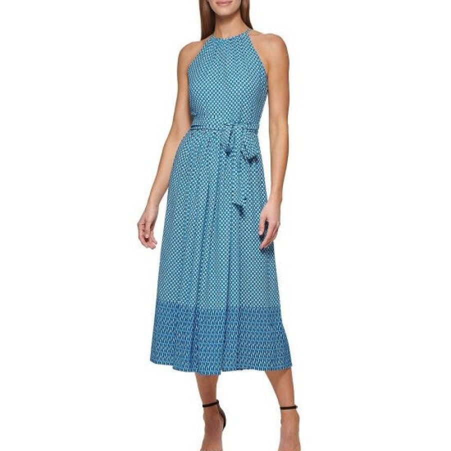 Women'S Clothing * | Best Pirce Dkny Two Tone Printed Chiffon Tie Waist Halter Neck Color Block Sleeveless Midi Dress Blue Multi