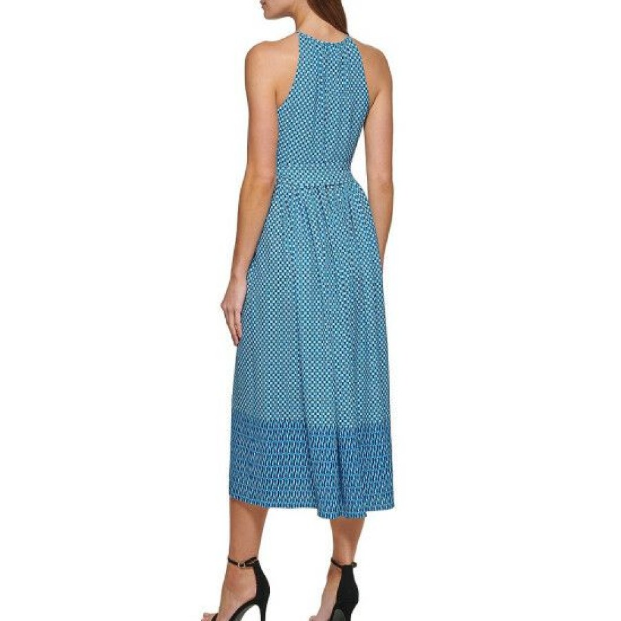 Women'S Clothing * | Best Pirce Dkny Two Tone Printed Chiffon Tie Waist Halter Neck Color Block Sleeveless Midi Dress Blue Multi