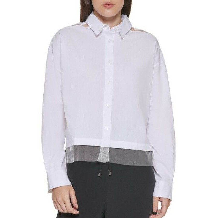 Women'S Clothing * | Best Deal Dkny Cropped Mixed Media Poplin Point Collar Long Sleeve Button Front Layered Hem Shirt White