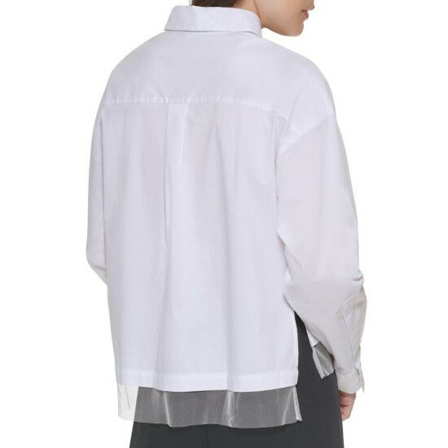 Women'S Clothing * | Best Deal Dkny Cropped Mixed Media Poplin Point Collar Long Sleeve Button Front Layered Hem Shirt White