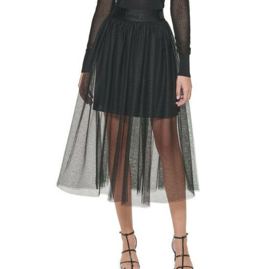 Women'S Clothing * | Cheap Dkny Pull-On Sheer Tulle A-Line Midi Skirt Black