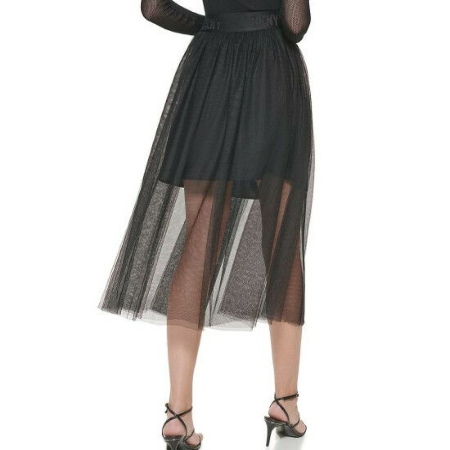 Women'S Clothing * | Cheap Dkny Pull-On Sheer Tulle A-Line Midi Skirt Black