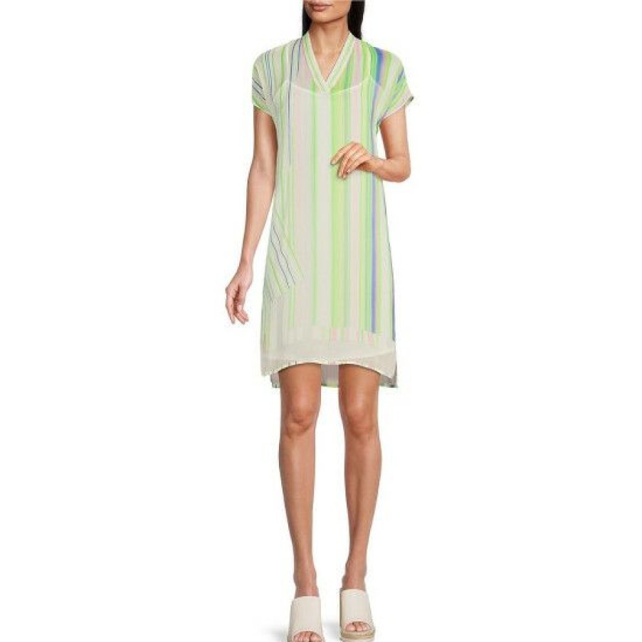 Women'S Clothing * | Wholesale Dkny V-Neck Stripe Motif Georgette Short Dolman Sleeve Shift Dress White/Pink