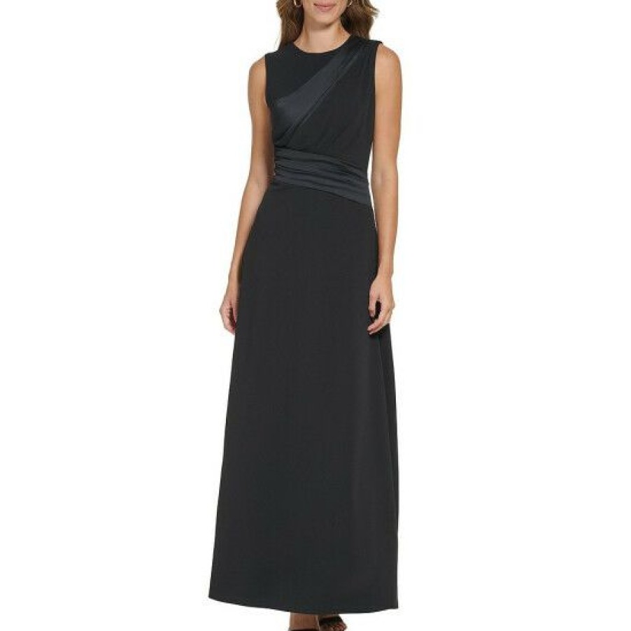 Women'S Clothing * | Buy Dkny Sleeveless Crew Neck Mixed Media Ruched A-Line Gown Black