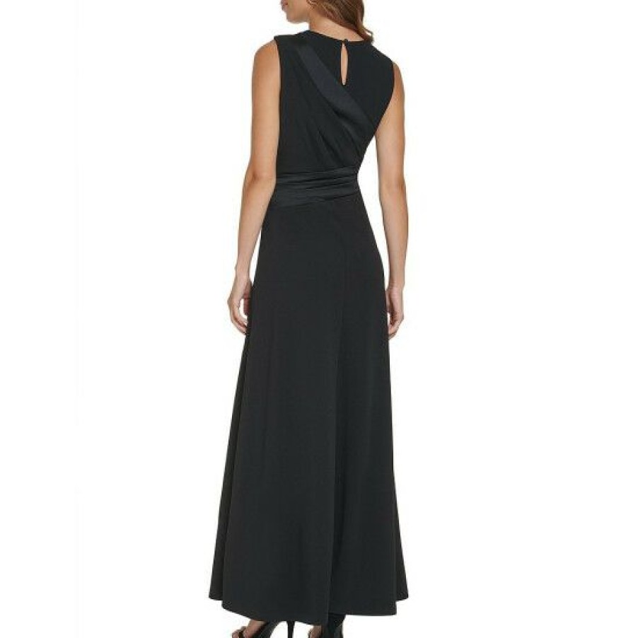 Women'S Clothing * | Buy Dkny Sleeveless Crew Neck Mixed Media Ruched A-Line Gown Black