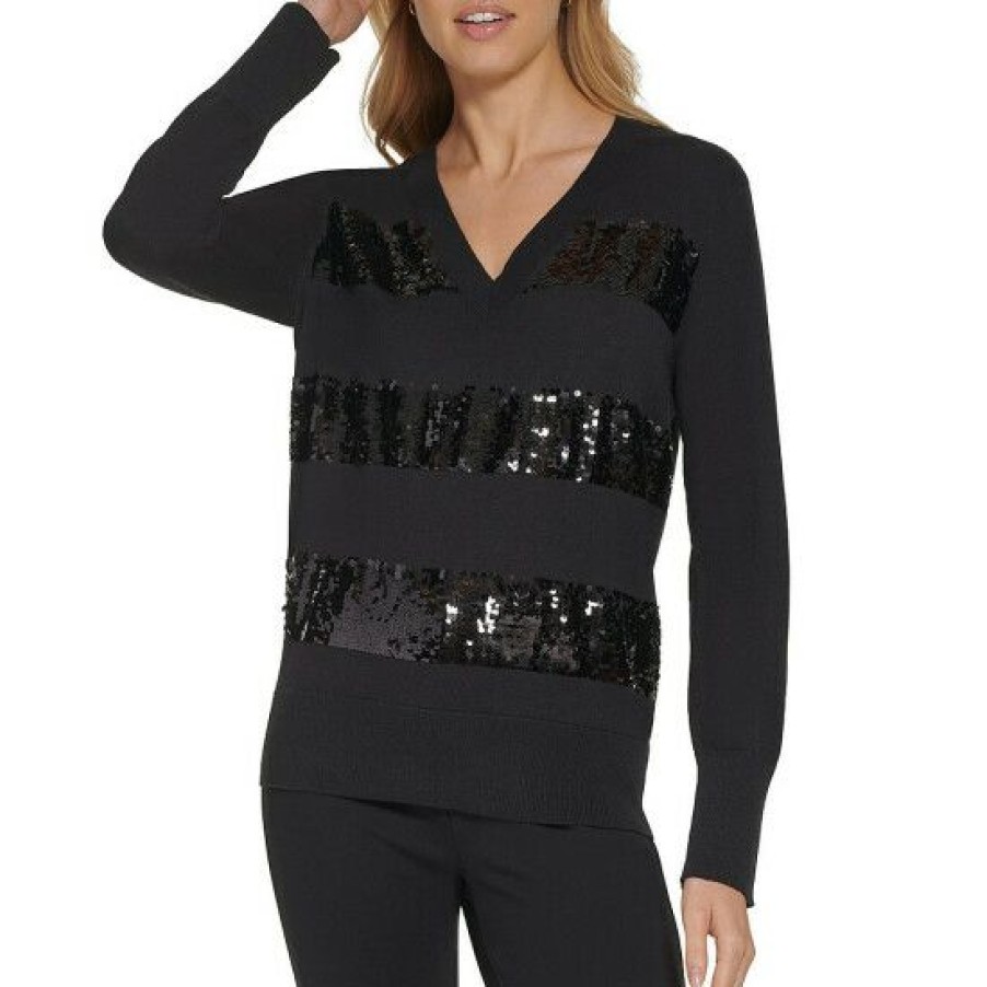 Women'S Clothing * | Top 10 Dkny Knit Stripe Sequin Pullover