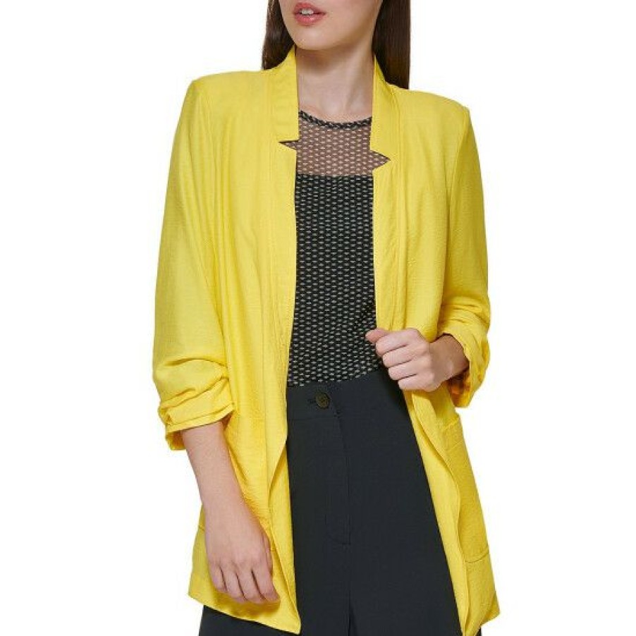 Women'S Clothing * | Coupon Dkny Notch Lapel 3/4 Scrunch Sleeve Open Front Blazer Sunbeam