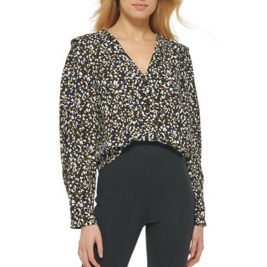 Women'S Clothing * | Top 10 Dkny Animal Print Crepe V-Neck Cropped Blouse Black Gold