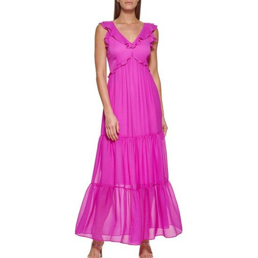 Women'S Clothing * | Brand New Dkny Ruffled Trim V-Neck Sleeveless Tiered Ruffle Back Detail A-Line Maxi Dress Flamingo