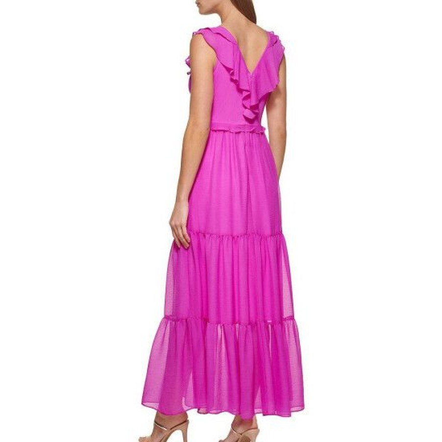 Women'S Clothing * | Brand New Dkny Ruffled Trim V-Neck Sleeveless Tiered Ruffle Back Detail A-Line Maxi Dress Flamingo