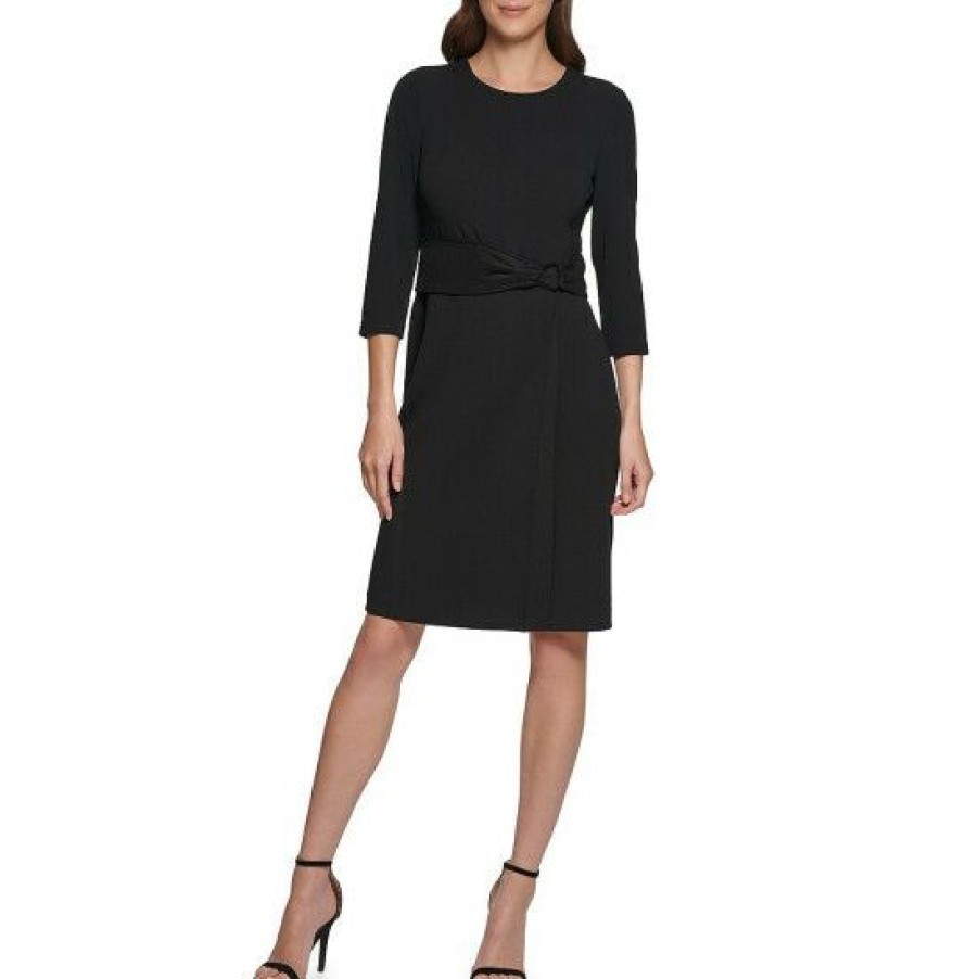 Women'S Clothing * | Promo Dkny Stretch Crepe Side Belted Crew Neck 3/4 Sleeve Sheath Dress Black