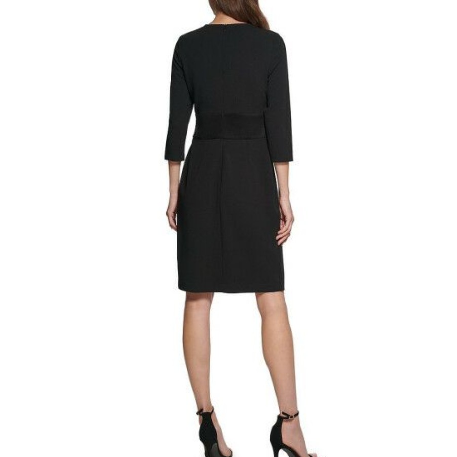 Women'S Clothing * | Promo Dkny Stretch Crepe Side Belted Crew Neck 3/4 Sleeve Sheath Dress Black