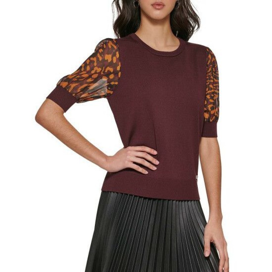 Women'S Clothing * | Best Deal Dkny Crew Neck Short Puff Print Sleeve Mixed Media Top Boardeux/Roasted Pecan