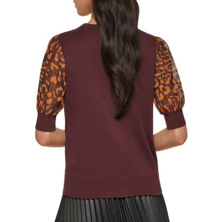 Women'S Clothing * | Best Deal Dkny Crew Neck Short Puff Print Sleeve Mixed Media Top Boardeux/Roasted Pecan