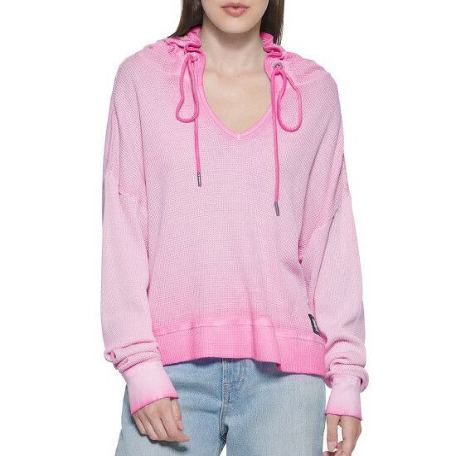 Women'S Clothing * | Outlet Dkny Jeans Waffle Knit Long Sleeve Drawstring Hooded V-Neck Pullover Carmine Pink