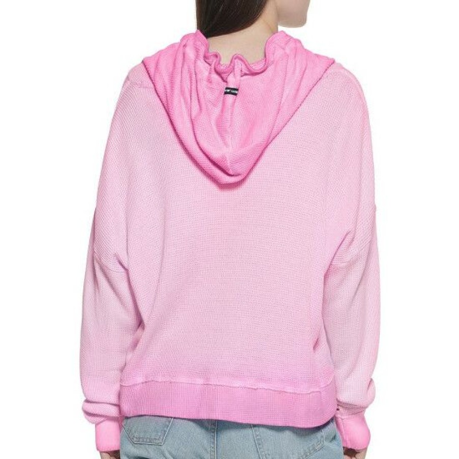 Women'S Clothing * | Outlet Dkny Jeans Waffle Knit Long Sleeve Drawstring Hooded V-Neck Pullover Carmine Pink