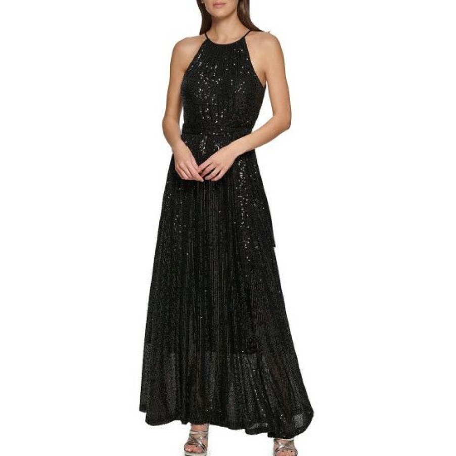 Women'S Clothing * | Best Reviews Of Dkny Stretch Sequin Sleeveless Halter Gown Black