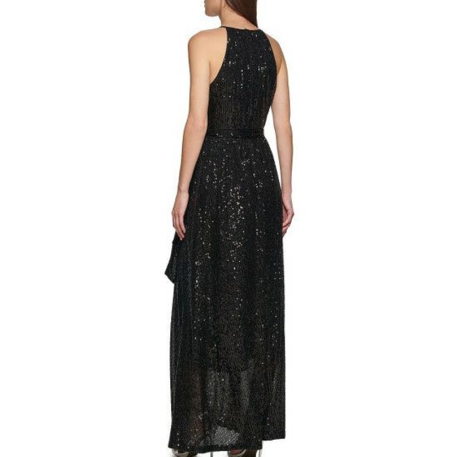 Women'S Clothing * | Best Reviews Of Dkny Stretch Sequin Sleeveless Halter Gown Black