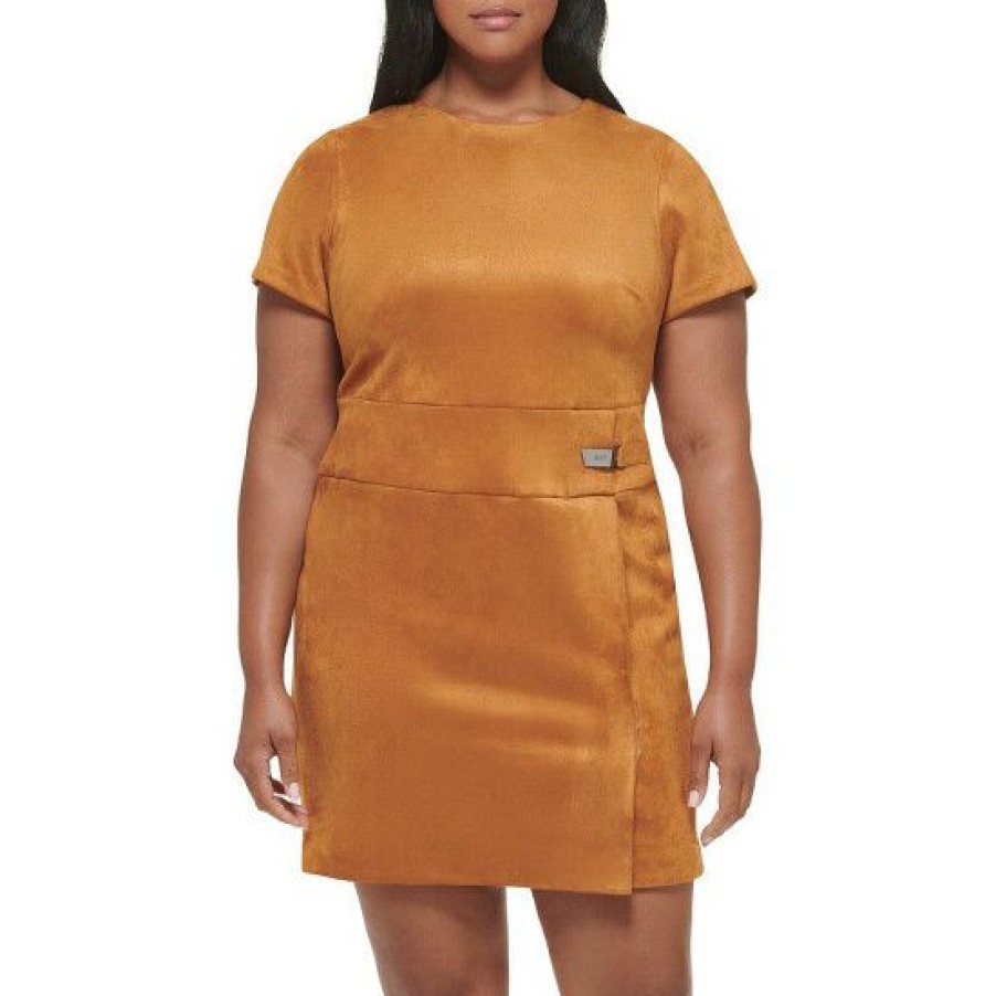 Women'S Clothing * | Hot Sale Dkny Plus Size Solid Scuba Suede Crew Neck Short Sleeve Mini Sheath Dress Pecan