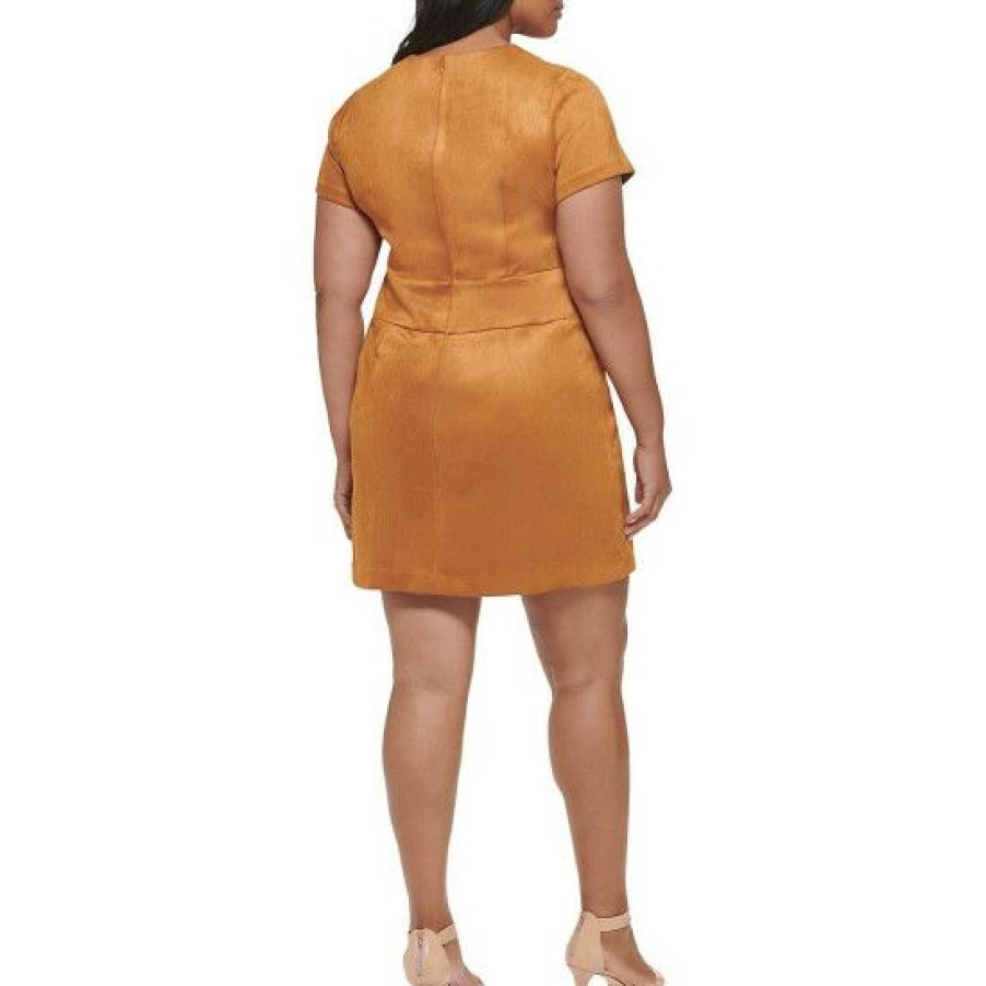 Women'S Clothing * | Hot Sale Dkny Plus Size Solid Scuba Suede Crew Neck Short Sleeve Mini Sheath Dress Pecan