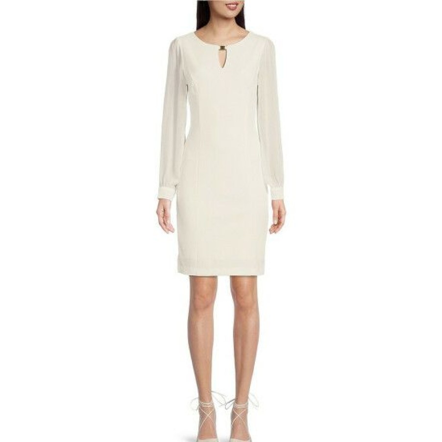 Women'S Clothing * | Buy Dkny Stretch Long Chiffon Sleeve Sheath Dress Ivory