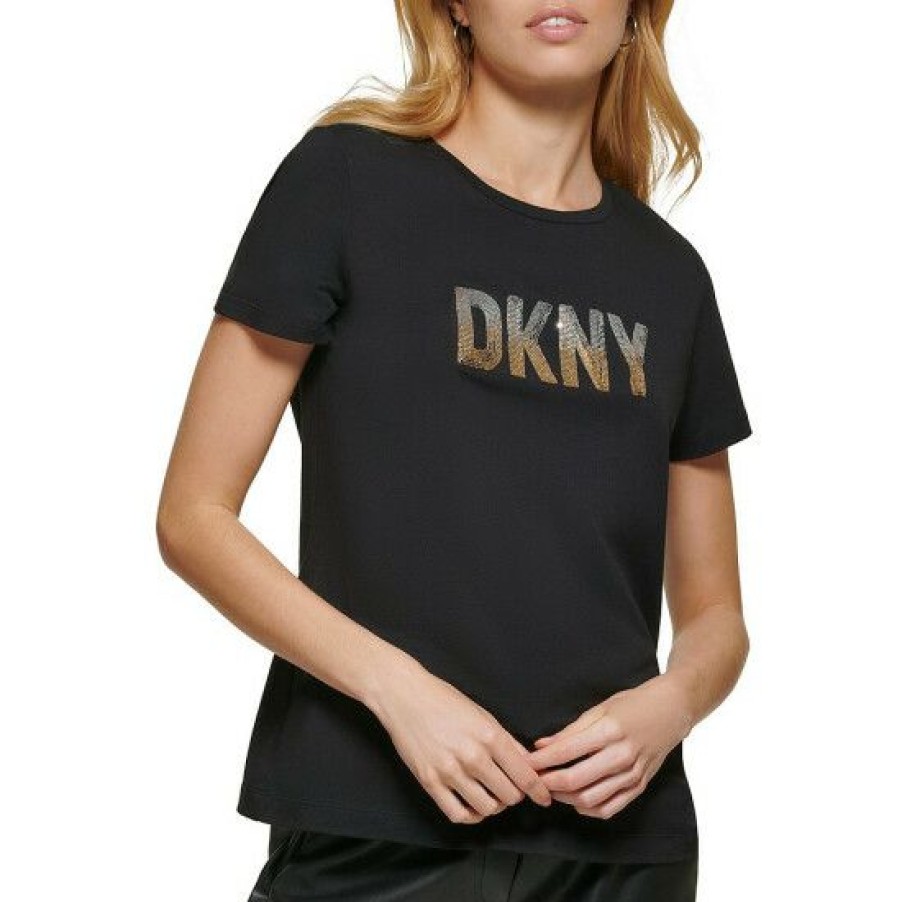 Women'S Clothing * | Buy Dkny Crew Neck Logo Sequin Short Sleeve Tee