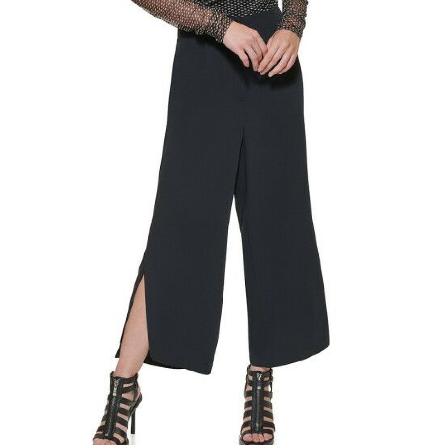 Women'S Clothing * | Hot Sale Dkny Pleated Wide Leg Side Slit Hem Cropped Pants Black