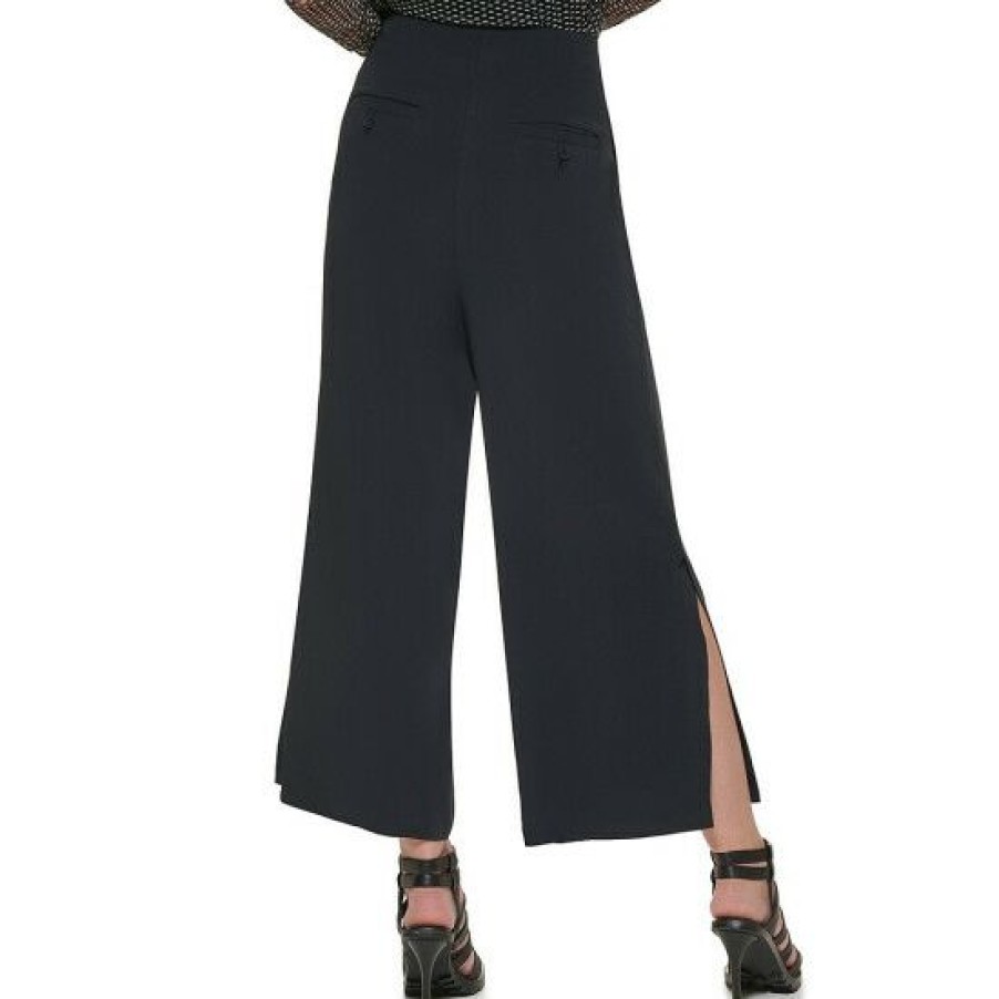 Women'S Clothing * | Hot Sale Dkny Pleated Wide Leg Side Slit Hem Cropped Pants Black