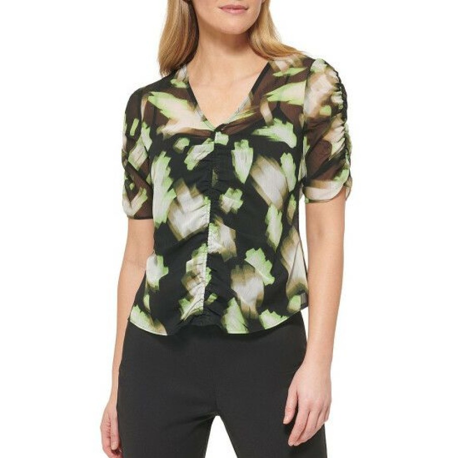 Women'S Clothing * | Budget Dkny Ruched Printed Short Sleeve V-Neck Chiffon Top