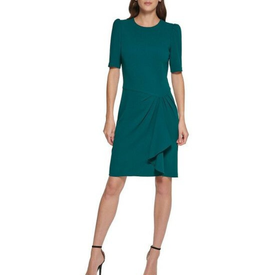 Women'S Clothing * | Best Deal Dkny Petite Size Short Puffed Sleeve Crew Neck Front Ruffle Scuba Crepe Sheath Dress Forest Green