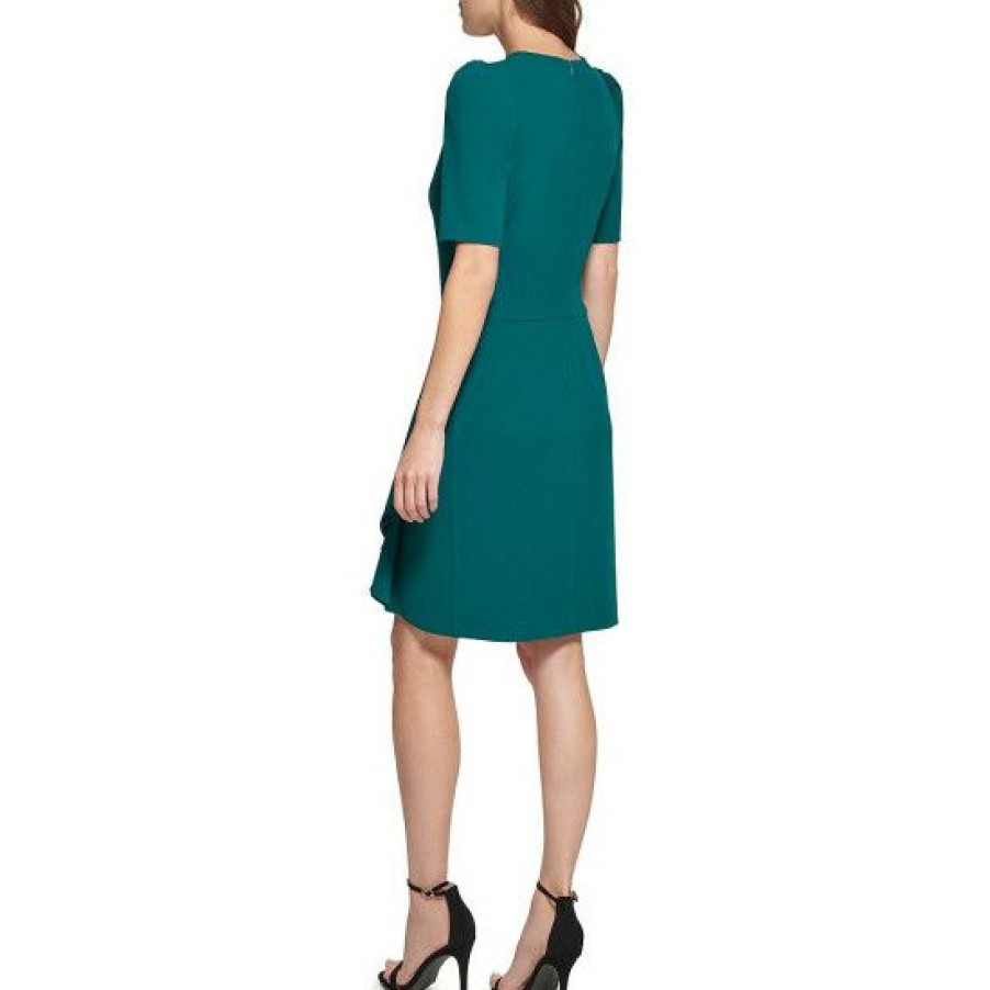 Women'S Clothing * | Best Deal Dkny Petite Size Short Puffed Sleeve Crew Neck Front Ruffle Scuba Crepe Sheath Dress Forest Green